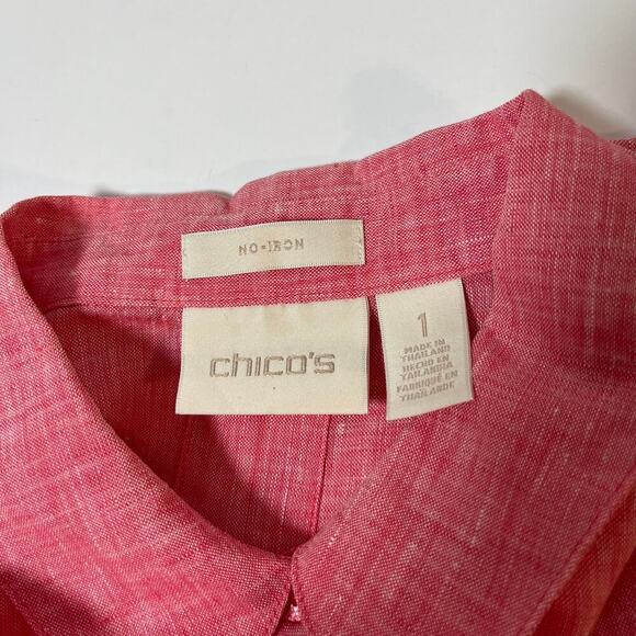 Chicos 100% Linen No Iron Button Up Shirt Pink Red Coral Size 1 Collar Summer - Picture 3 of 9
